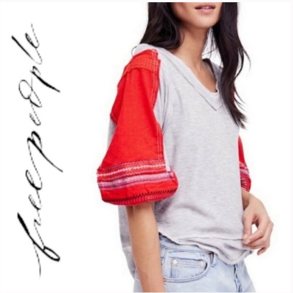 Free People Heather Gray Top with Bold Red Sleeves